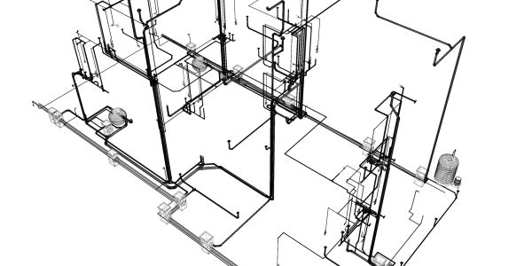 3D architectural piping and plumbing schematic.