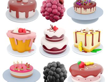 A variety of colorful cakes and berries arranged in a 3x3 grid.