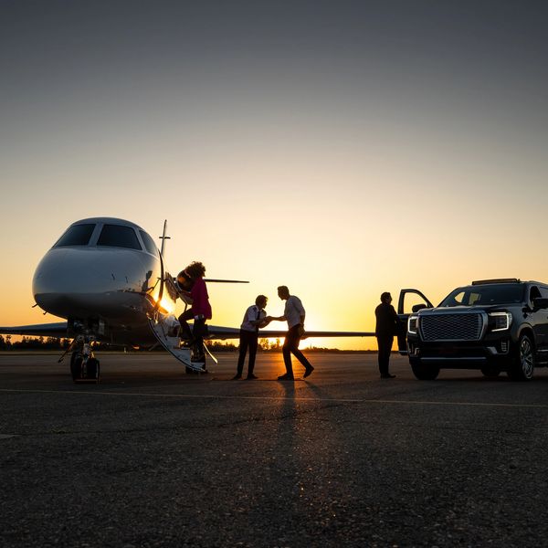 People boarding a private jet at sunset with a luxury SUV nearby.