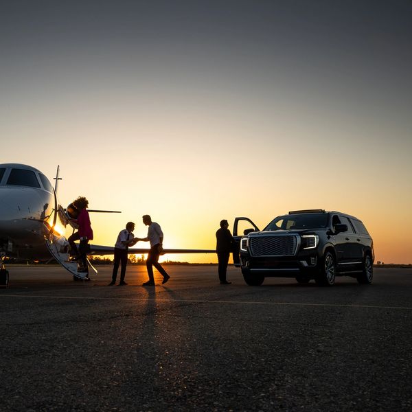 Luxury travel with private jet and SUV at sunset.