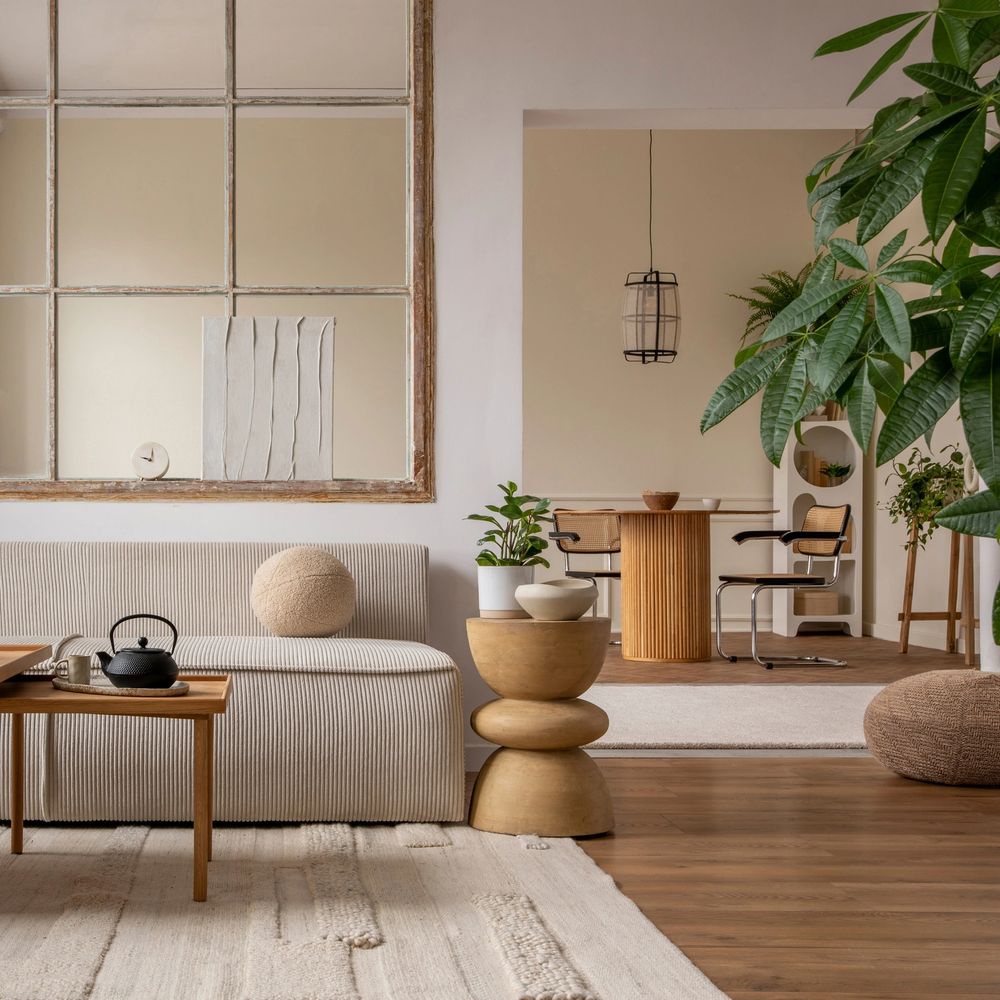 Cozy modern living room with beige tones and natural wood accents.