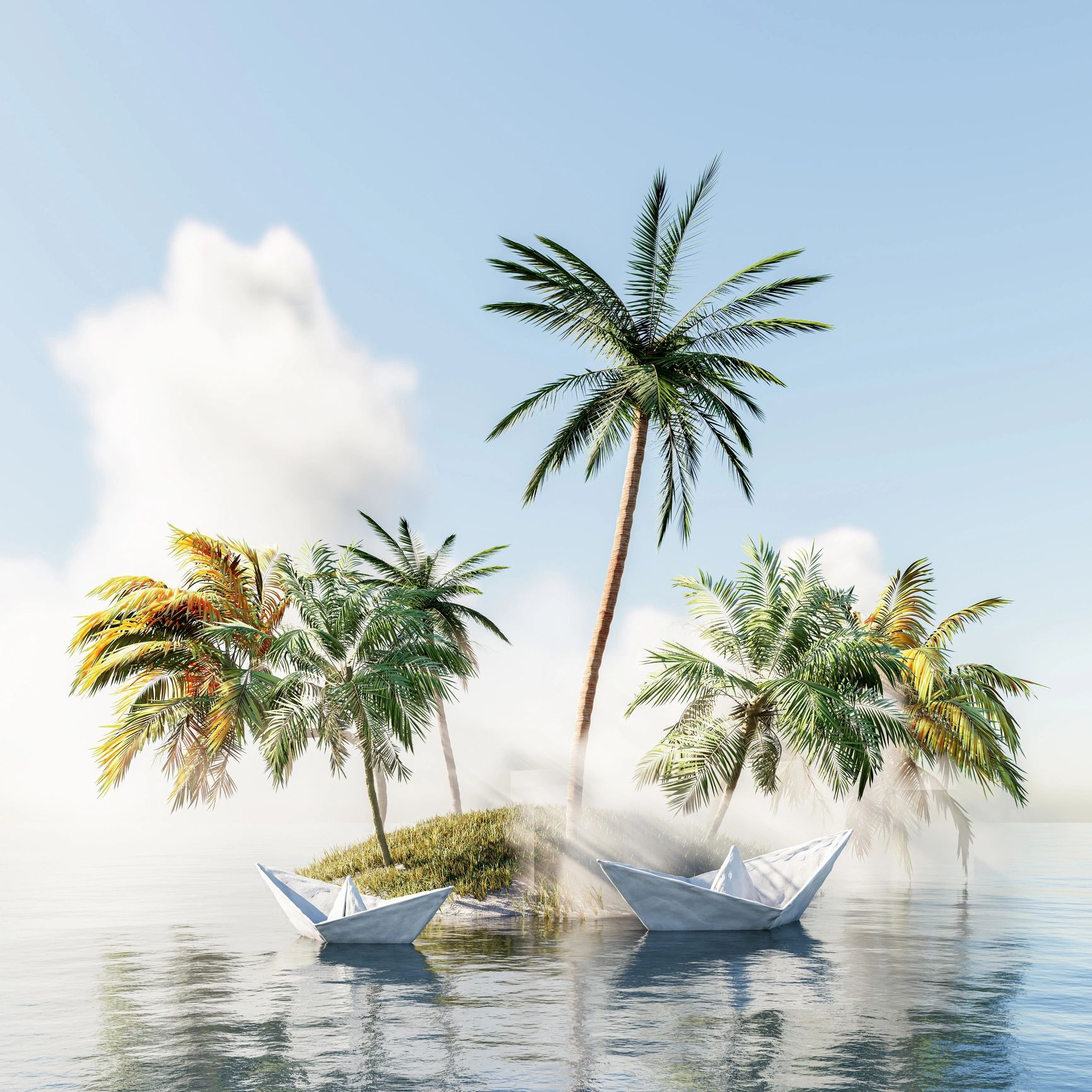 Small tropical island with palm trees and paper boats on calm water.