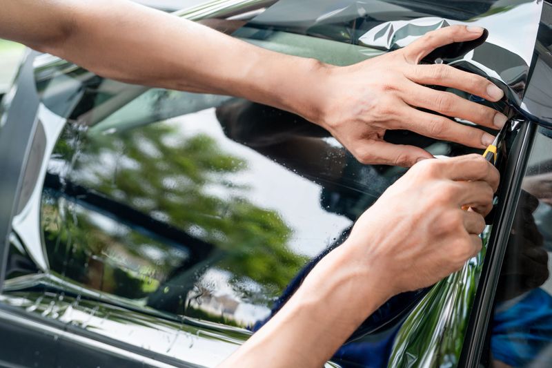 Car side window film removal and tinting installation. Male auto specialist worker hand holding cutter gently carefully cutting car window film on glass surface.