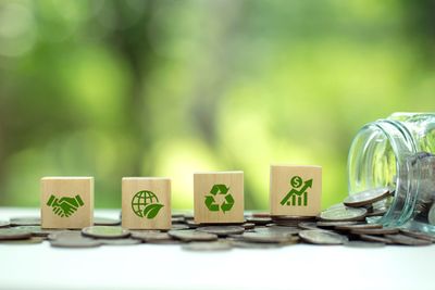 Wooden blocks with sustainability and finance icons on scattered coins.