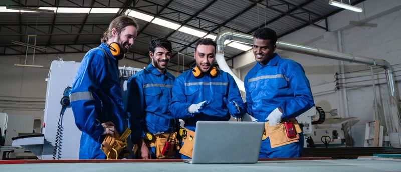 Team carpenter working job with laptop in workshop. Technician handcrafted furniture in furniture factory. Construction site concept.