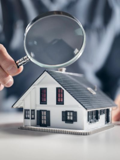 Magnifying glass inspecting a model house.