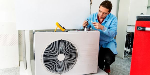Technician inspecting an air conditioning unit.