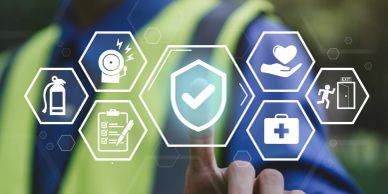 Hand interacting with virtual safety icons.