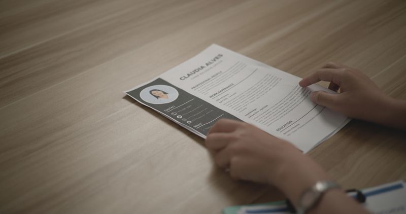 Portrait close-up of a woman handing over a resume on the table at the office. Interview and job application concepts.