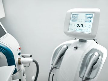 Modern medical device with touchscreen and handheld instruments in a clinical setting.