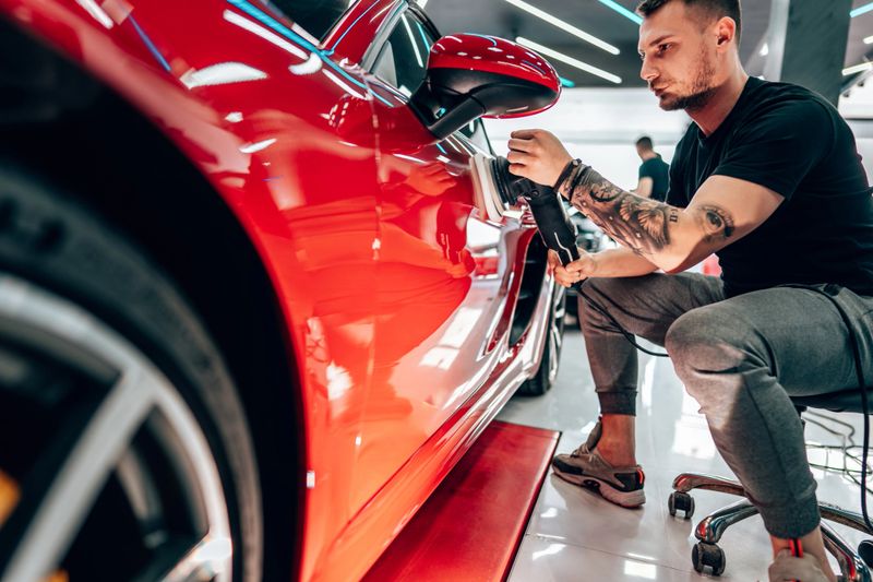Professional vehicle polishing and detailing service in a modern car workshop. Brightly lit workspace with large led lights. High quality car valeting concept.