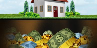 House above ground with hidden treasure of money, gold, and gems underground.
