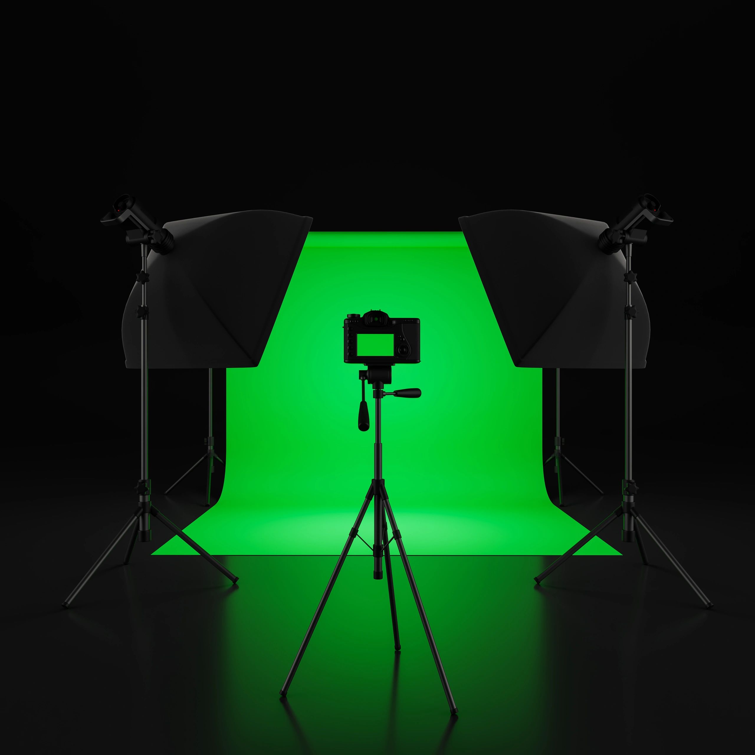 Professional photography setup with green screen and dual softbox lights.