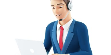 Cartoon businessman using a laptop with headset.