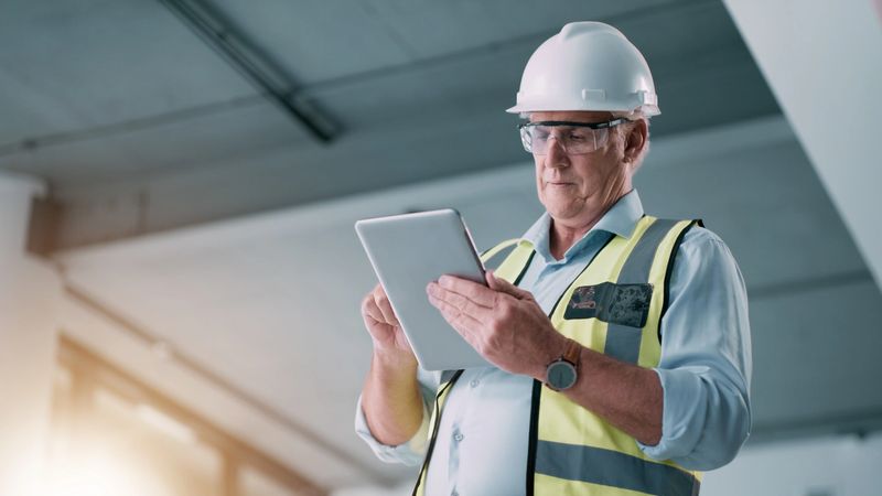 Building, tablet and engineering man inspection check of construction site, property development or design quality assurance. Architecture industry, contractor and technology for renovation progress