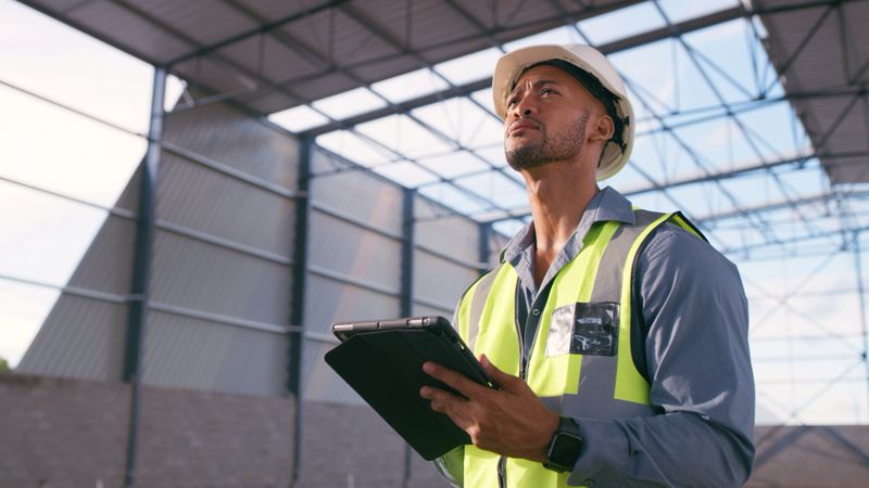 Man, construction and tablet at site for project management, building logistics or app. Male person and engineering worker on digital technology at industrial architecture design