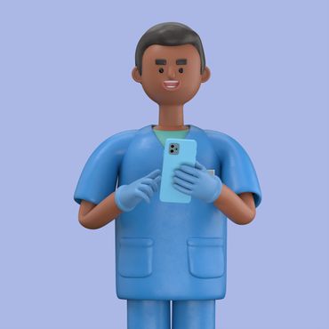 3D illustration of a healthcare worker holding a smartphone.