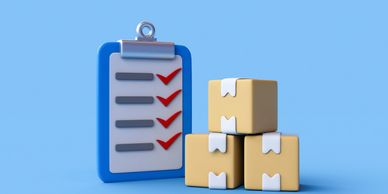 Checklist with red checkmarks beside stacked sealed boxes on blue background.