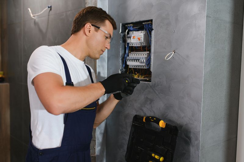 Electrician worker at work on an electrical panel.