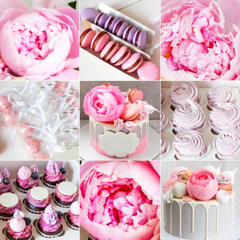 The idea of party table for a young girl' birthday. Pink cake with edible peony flower, marshmallow, cupcakes, cake pops and macarons