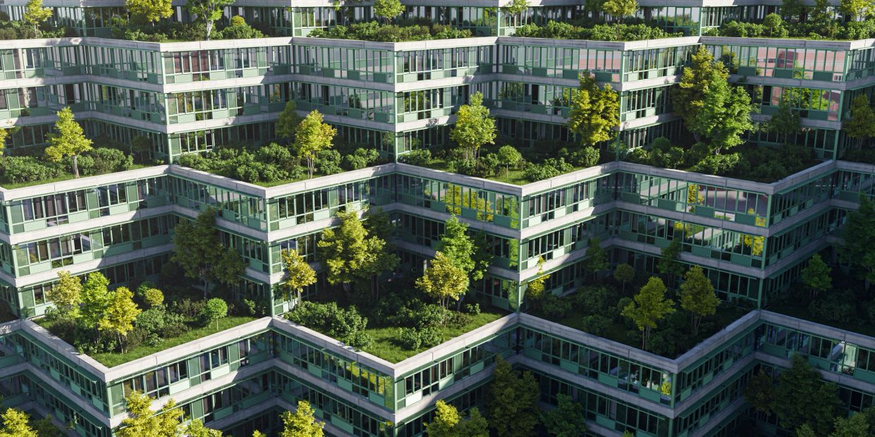 Green rooftop gardens on a modern building.