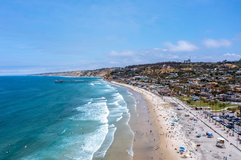 Aerial View of La Jolla Beach in San Diego on a Sunny Day Looking North Towards the Scripps Memorial Pier