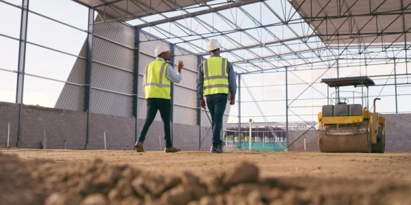 Two construction workers inspecting a building site indoors wearing safety gear.