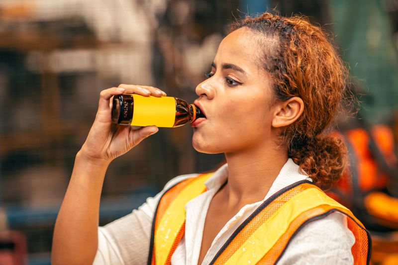 African American Woman Worker Drinking Energy Drink During Relax Brake Work In Heavy Factory.