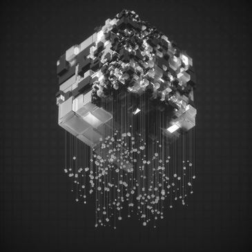 Abstract 3D cube with hanging particles.