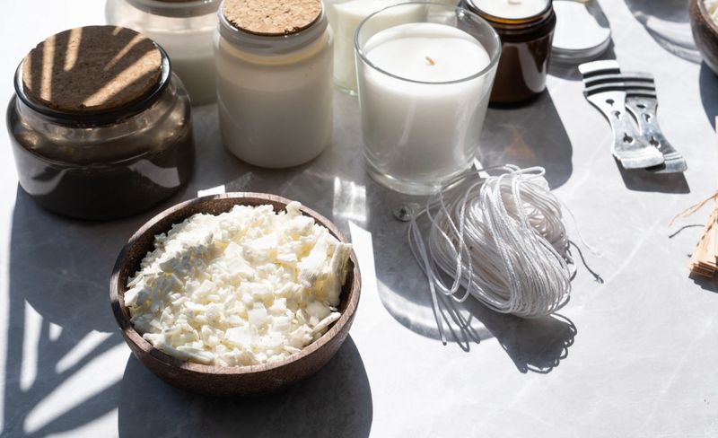 Set for crafting candle on white wooden background. Eco soy wax and candle making tools top view, flat lay. DIY candles. Hobby concept.