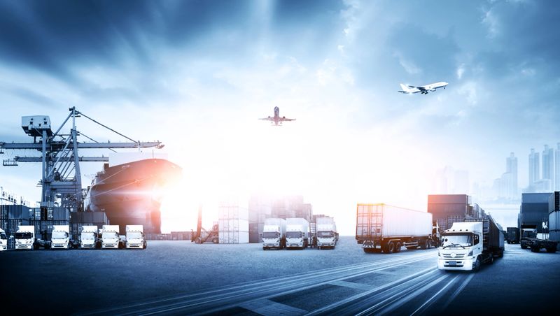 Container truck in ship port for business Logistics and transportation of Container Cargo ship and Cargo plane, logistic import export and transport concept