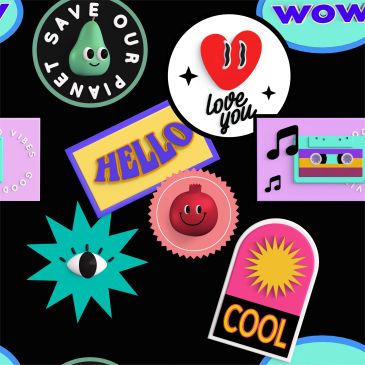 Colorful stickers with positive messages and icons.