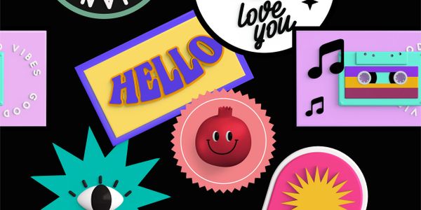 Colorful retro stickers with positive messages and playful designs on a black background.