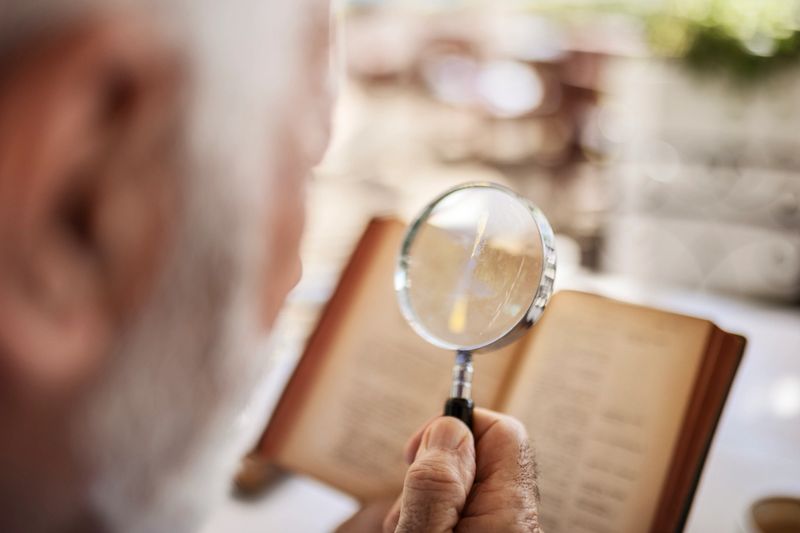 Elderly man with magnifying glass in hand reading book