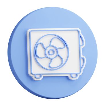 3D icon of a blue and white air conditioning unit on a round blue background.