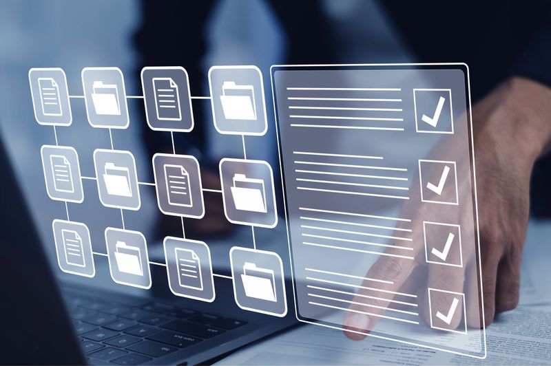 Documents management information system concept, Businessman using visual screen internet for Documents management information system and ERP program data directory in company, ERP document