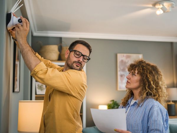 Man installs a security camera while woman holds instructions.