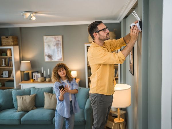 Man installing a home security camera while a woman checks her phone.