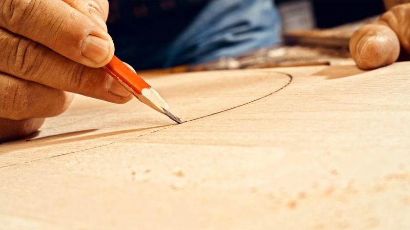 Close-up of male carpenter's hand drawing with pencil on wooden plank in workshop.