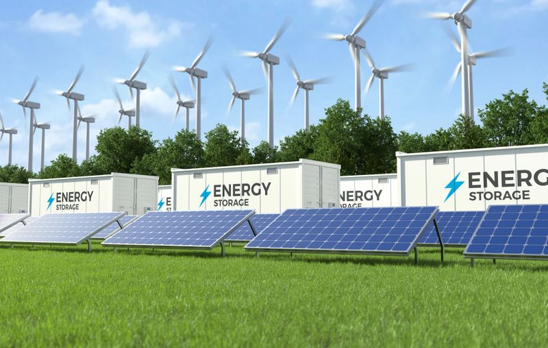 Energy storage systems with wind turbines and solar farms, Solar panels, Green alternative energy concept. 3D illustration