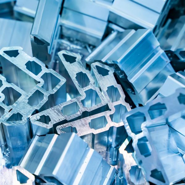 Close-up of shiny aluminum profiles.