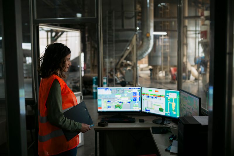 Female industrial worker operating machine on plant floor, looking at monitors over control panel. Worker looking at computer monitors showing automatic production system in wood factory.