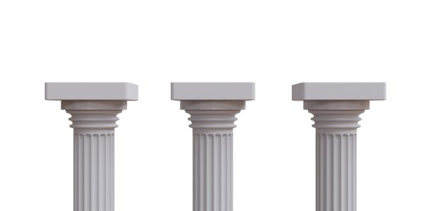 Three classical white columns of varying heights on a white background.