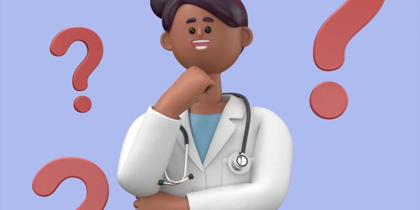 3D doctor character pondering with red question marks around.