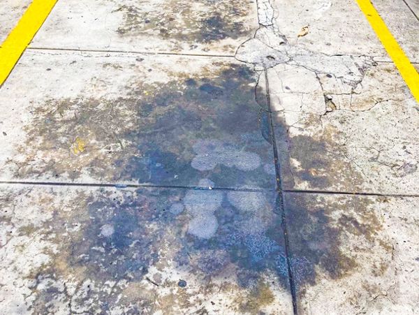 Stained and cracked concrete floor with yellow parking lines.
