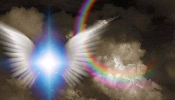 Bright light with angel wings and a rainbow in cloudy sky.