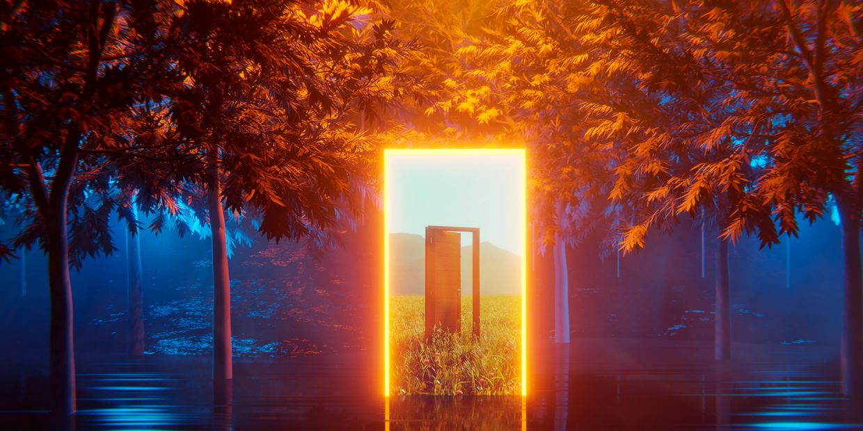 A glowing door in a dark forest reveals a sunny field beyond.
