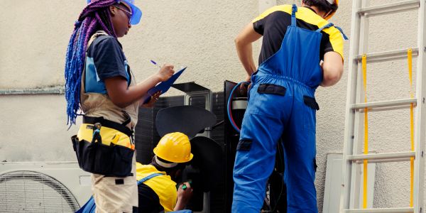 Technician using HVAC gauges to measure pressure.