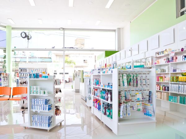 The clean interior of a modern pharmacy with aisles of products.