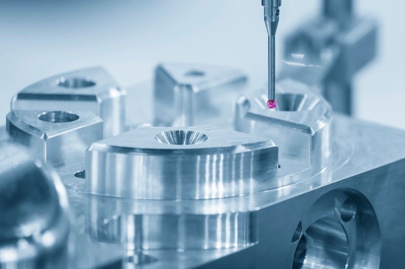 Close up scene the touching probe  measuring the aluminum  parts. The quality control of automotive parts with CMM machine.